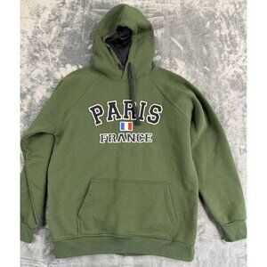 NS Paris France Embroidered Green Hoodie Pullover Sweatshirt Size L Warm